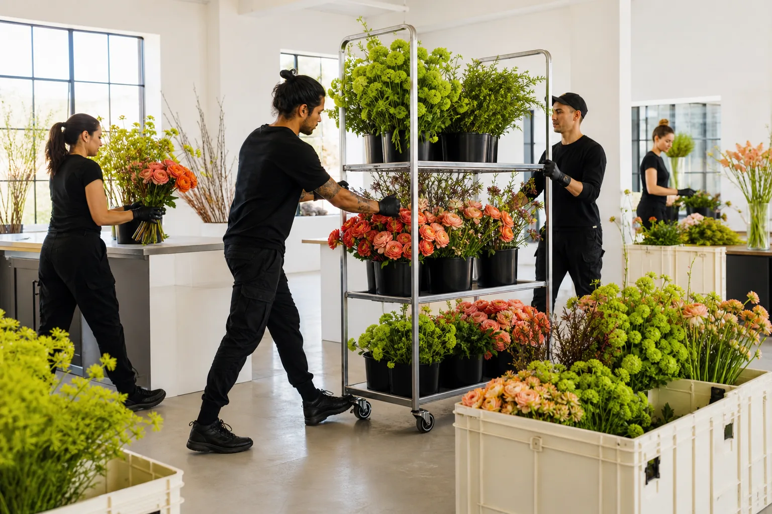 Floral production crew organizing rolling racks of coral and chartreuse flowers in a bright studio