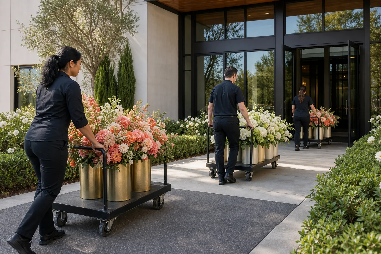 Floral production crew moving finished arrangements on carts into a modern event venue