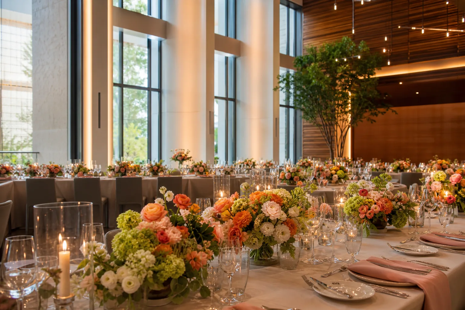 Coral and chartreuse floral centerpieces arranged across an elegant corporate gala dining room