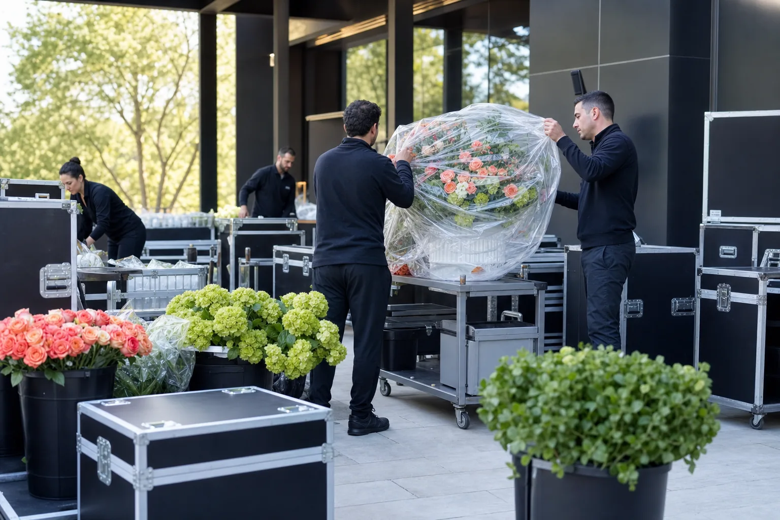 Event floral crew preparing protected arrangements beside organized production cases