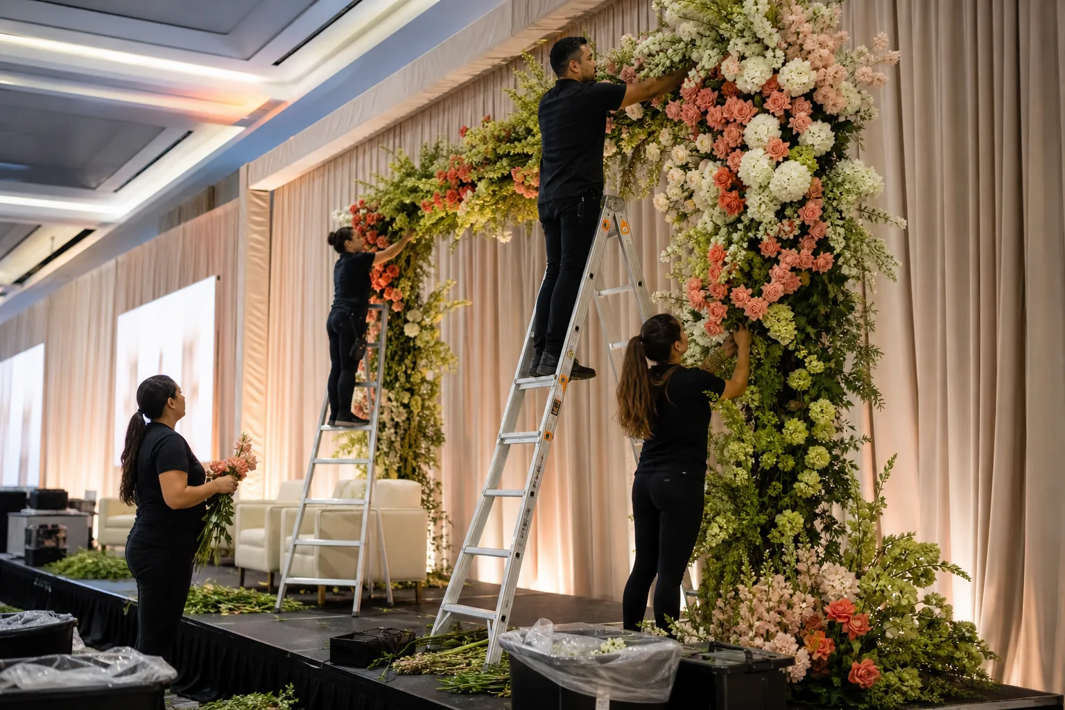Professional floral crew installing a large coral and ivory stage arrangement in a ballroom